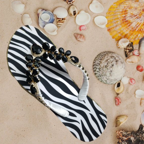 Women's Luxury zebra print flip flops with crystals and rhinestones all occasion - Picture 4 of 16